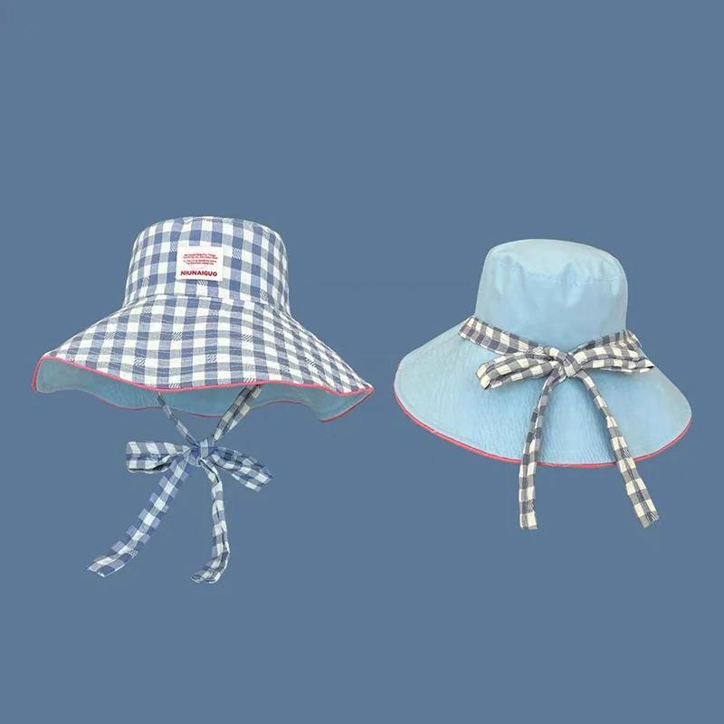 Double-sided Plaid Wide-edged Lace-up Bucket Hat Summer Outdoor Versatile Sunscreen Sweet Contrasting Color Plaid Women's Caps
