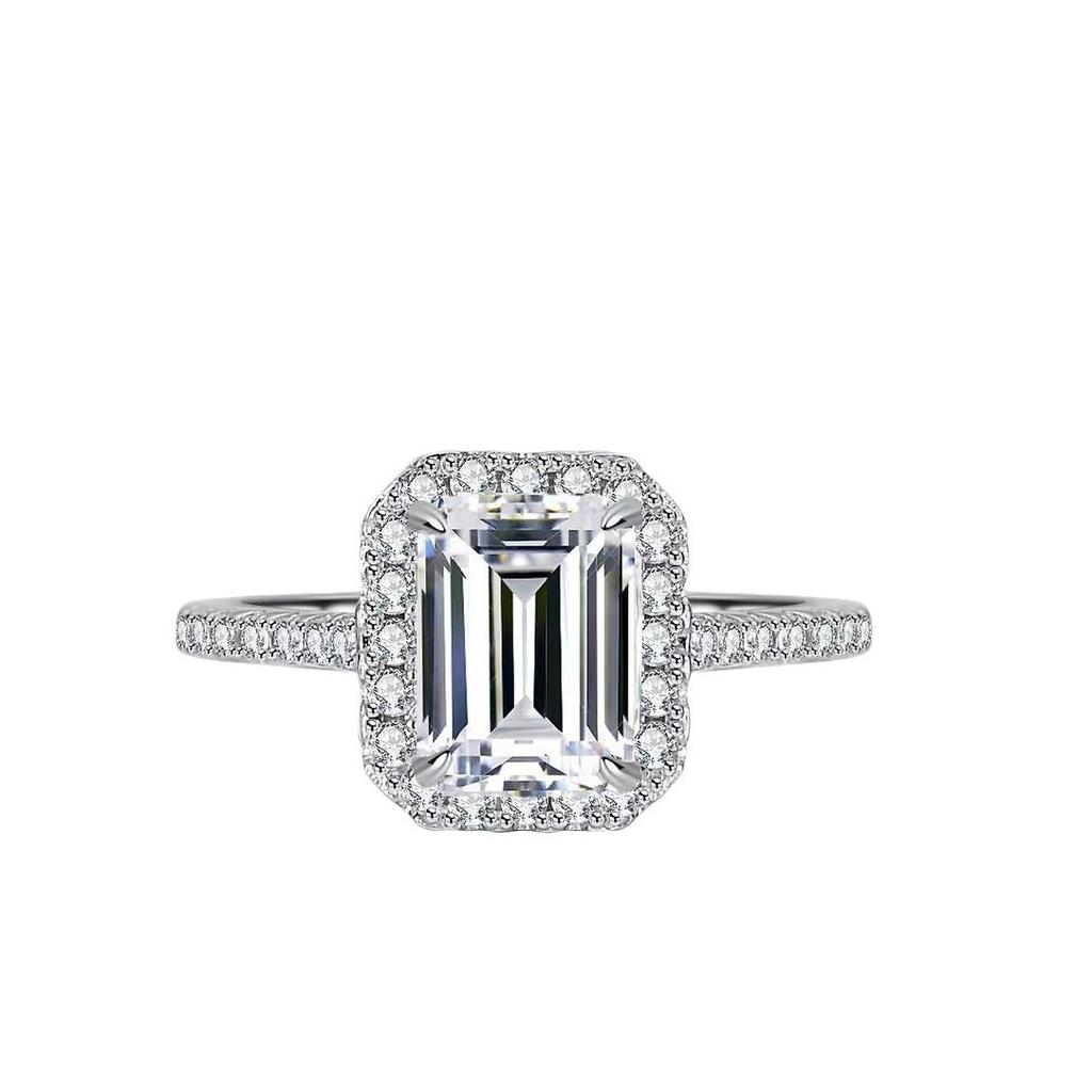 Style Accessories Niche Personality Ladder T Square Zircon Live Ring Women'S Rock Sugar Square Diamond Ring Light Luxury Jewelry