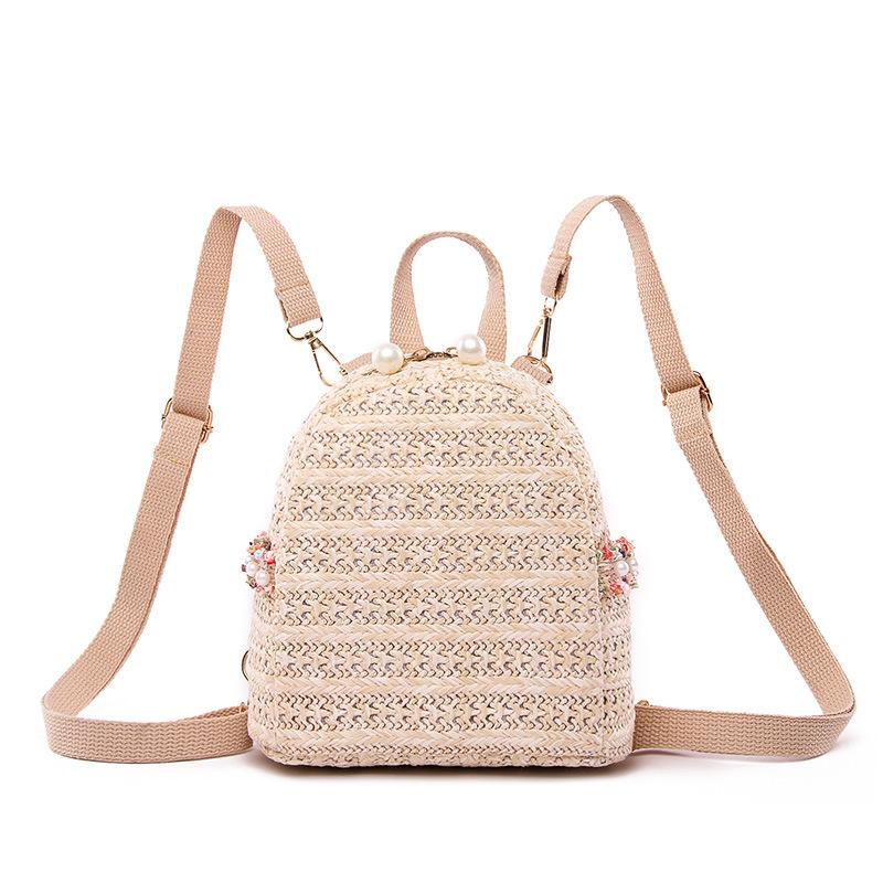 Straw Woven Backpack Women Korean Style Pearl Decor Lightweight Casual Daypack Small Travel Beach Bag