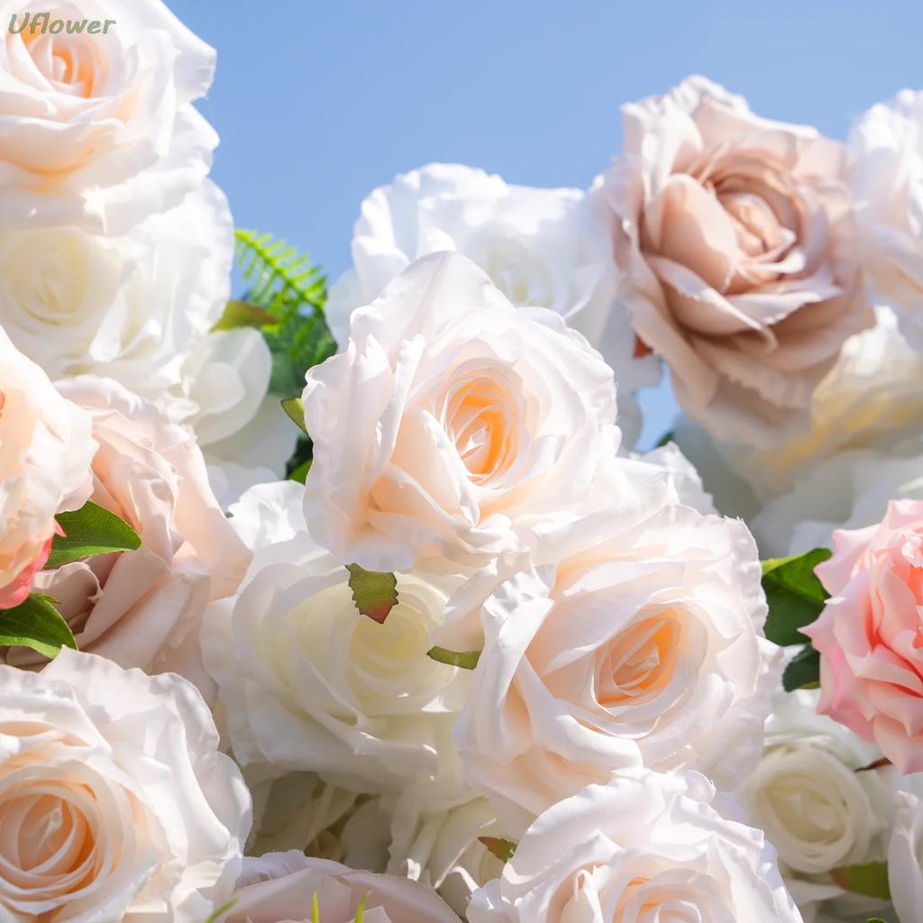 Uflower Artificial Flower Wall Roll-Up White Champagne Rose Hanging Fabric Floral Backdrop for Wedding Event Party Decorations