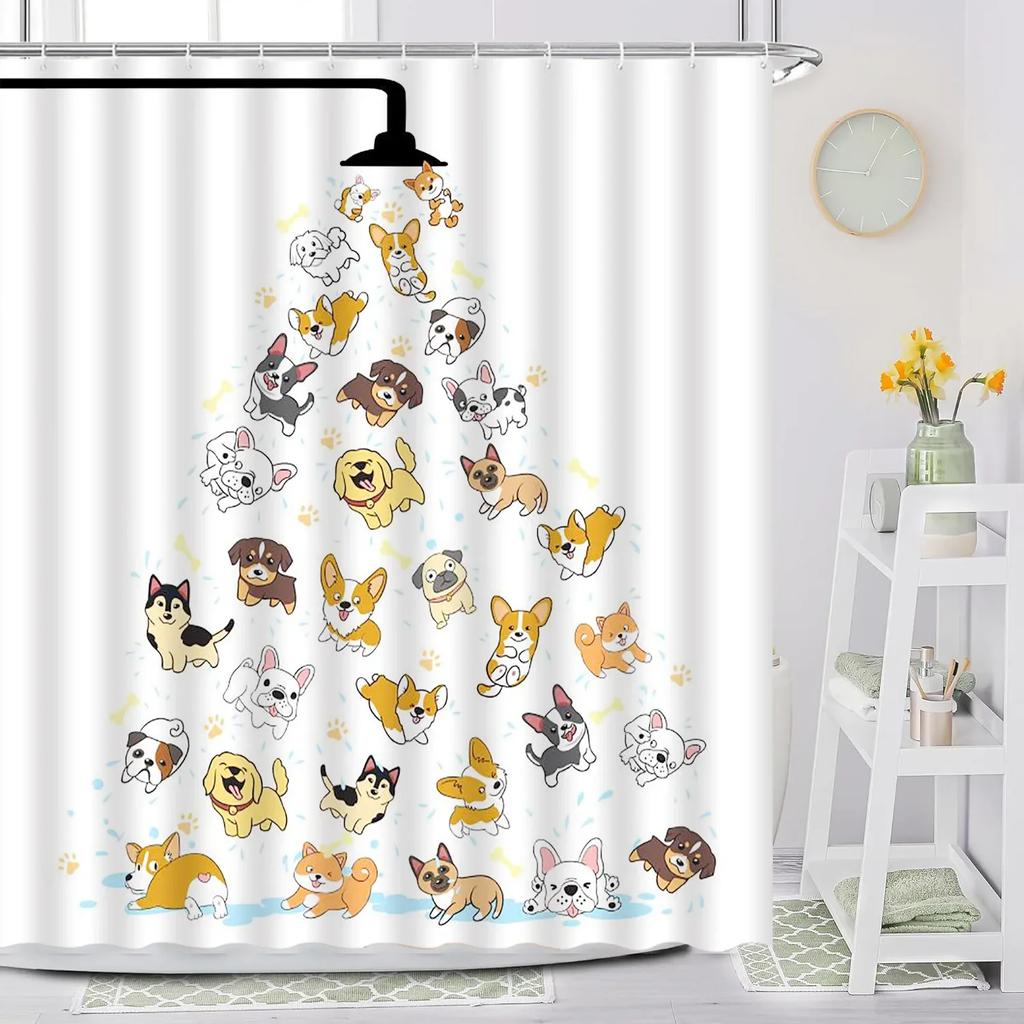 Cartoon Animal Shower Curtain with Funny Cat and Dog Paws Cute Kids Shower Print Family Bathroom Decoration with Hooks