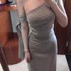 Gray off-the-shoulder dress, new design sense, niche summer diagonal collar waist slim-fitting irregular polka dot long dress women