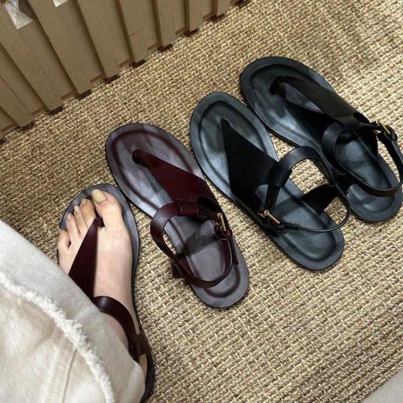 Niche Pinch Foot One-word Buckle with Roman Sandals Women's Retro Bevel Cover Ugly Flat Bottom Cool Slippers Women