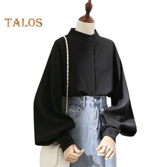 Damen Hemd Stehkragen Laterne Langarm Einfarbig Hemd Lockere Passform Einreihig Büro Dame Hemd