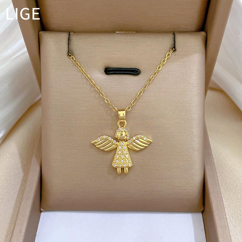 Engel Kleines Mädchen Leichter Luxus Temperament Wunderschöne Voll Diamant Halskette Damen Vielseitige Schlüsselbeinkette Titanstahlkette