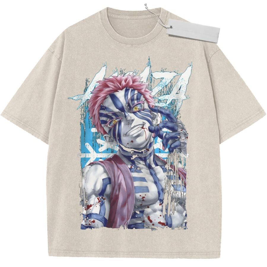 

Summer Mens Purple Washed T Shirt Demon Slayer Akaza Blood Splatter Graffiti Font High Quality Fabric for Casual M