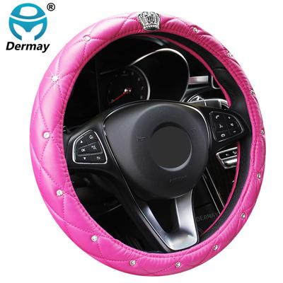 Hochwertige Kristallkrone bedeckte Frauen Auto Lenkrad Flechtung Luxuriöse Diamant PU Leder Lenkradabdeckung Durchmesser 38cm