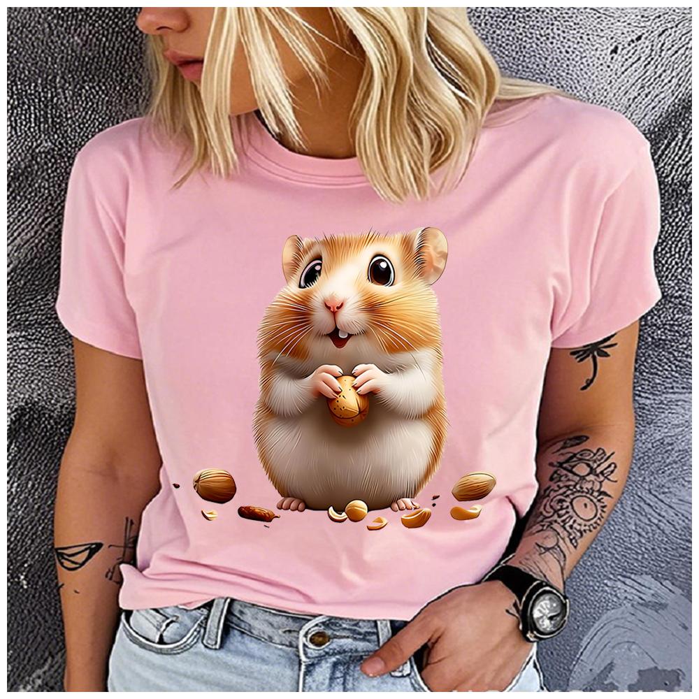 Unisex Cotton Summer Top A chubby cartoon little hamster Print Loose round Neck Short Sleeve Fashion for Lovers