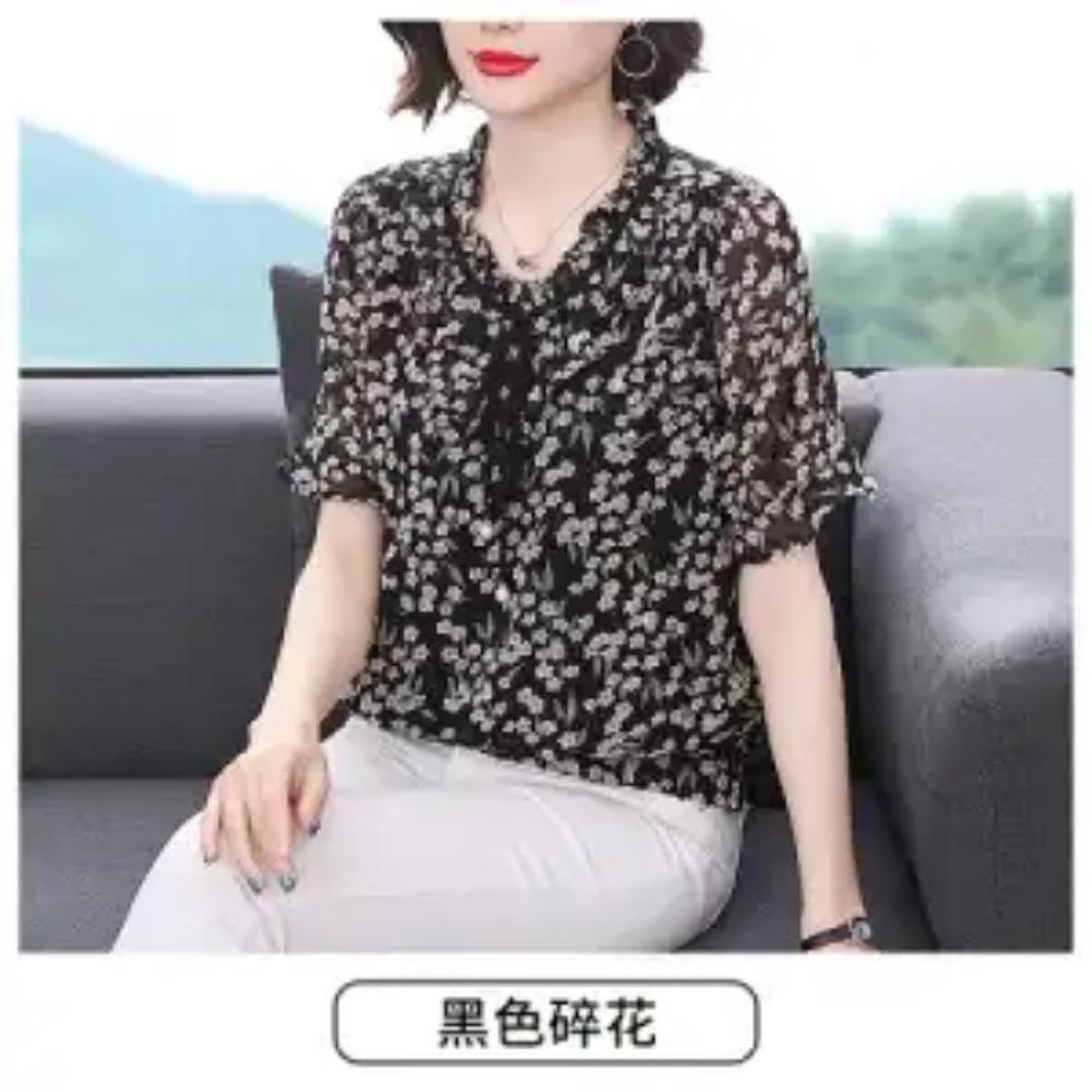 

Шифоновая блузка для женщин с цветочным принтом, рукава три четверти, универсальная, свободного кроя 4XL чёрный