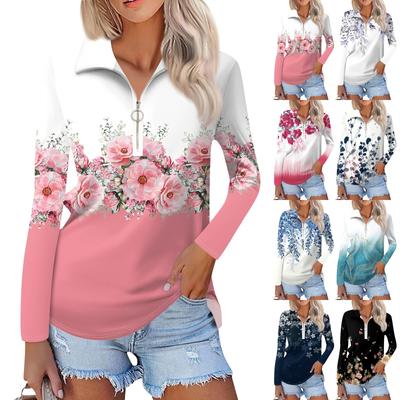 Women's Spring And Autumn Fashion Casual  Printed Zipper V-Neck Long Sleeve Shirt Tops