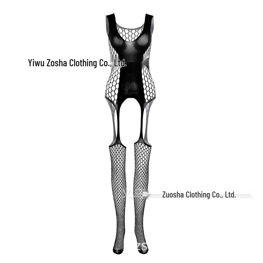 Black Fishnet Halter Bodysuit with Adjustable Suspender, See-Through Cutout Design, and Open Crotch.