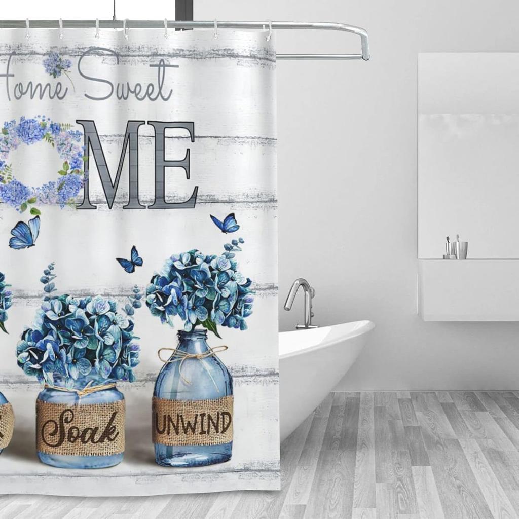 Tijuboni Farmhouse Hydrangea Shower Curtain Blue Flower Shower Curtains for Neutral Country Floral Bathroom Decor Rustic Shower