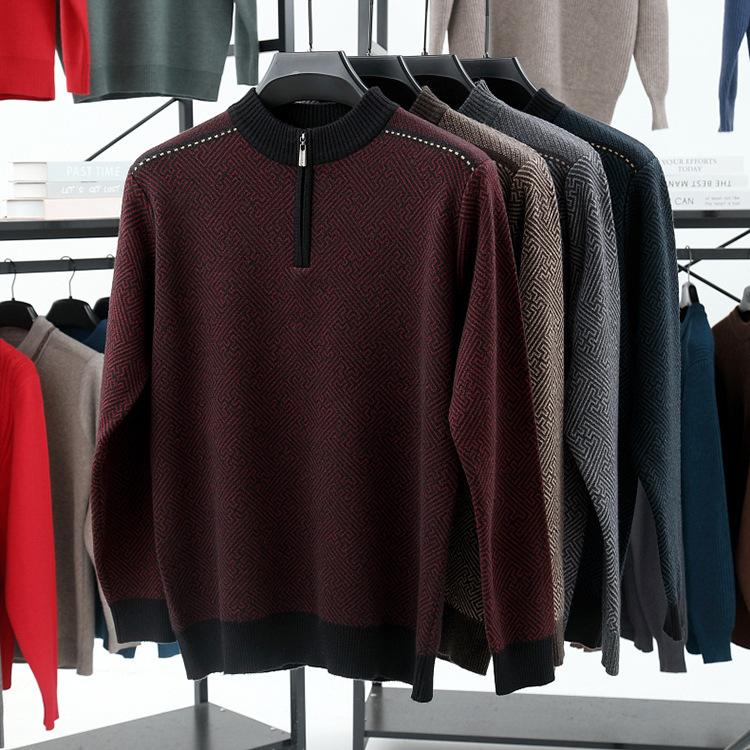 Men'S Autumn And Winter Half Turtleneck Knitted Sweater Half Zipper Middle-Aged And Elderly Bottoming Shirt Loose Light Luxury Casual Line Top