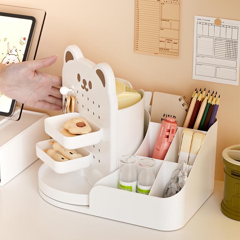 360° Rotating Bear Desktop Hole Board Organizer Rack Table Stationery Cosmetics Storage Drawer Multi-compartment Lipstick Boxes