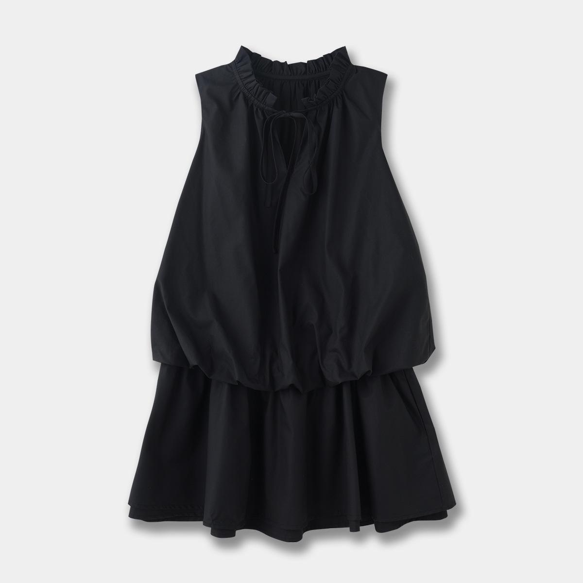 Summer Sleeveless Lace Collar Tie-Waist Ruffle Cotton Dress S чёрный