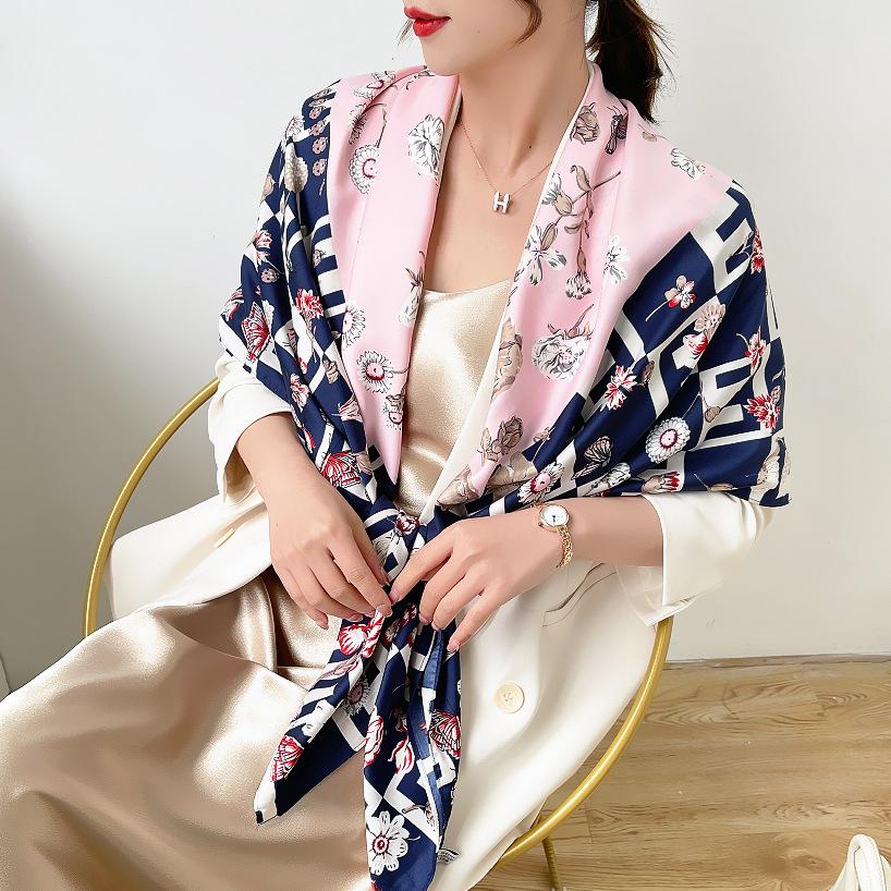 130cm Letter Color Matching Small Floral Scarf Silk Scarf Bandanna Square Scarves Women Kerchief For Ladies Shawl