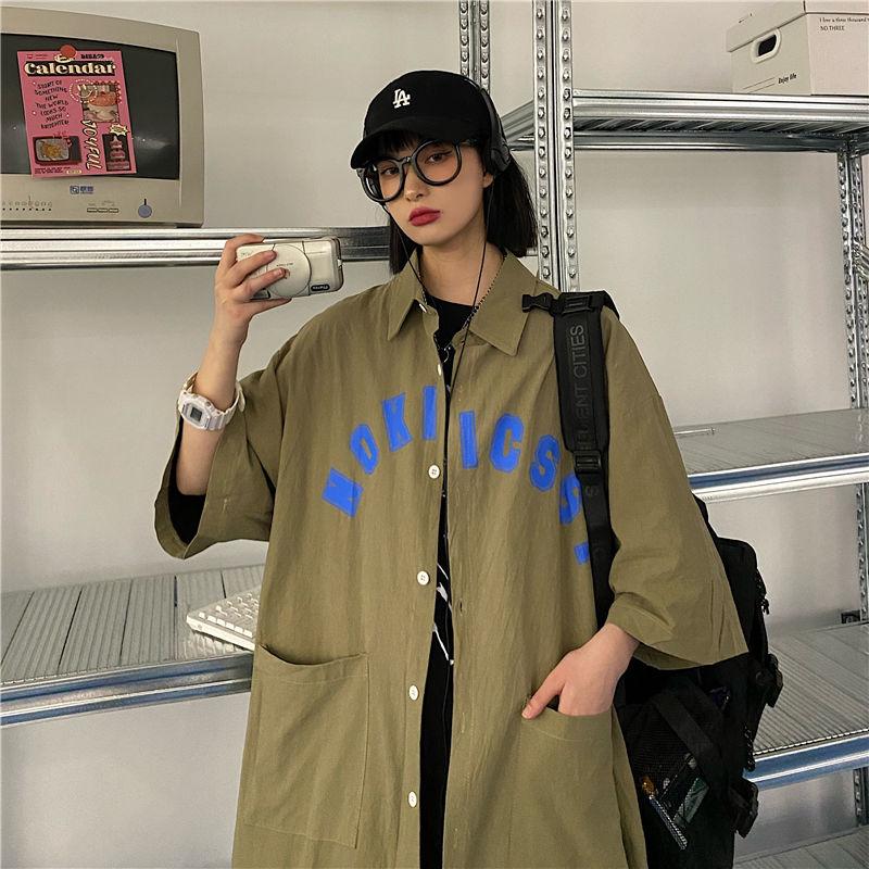 

Уличная одежда Рубашки Красивый Лоскутный Принт Письмо Отложной Воротник Весна Лето Тонкие Карманы Мода Повседневный Однотонный Мужская Одежда 2023 L армия зеленый