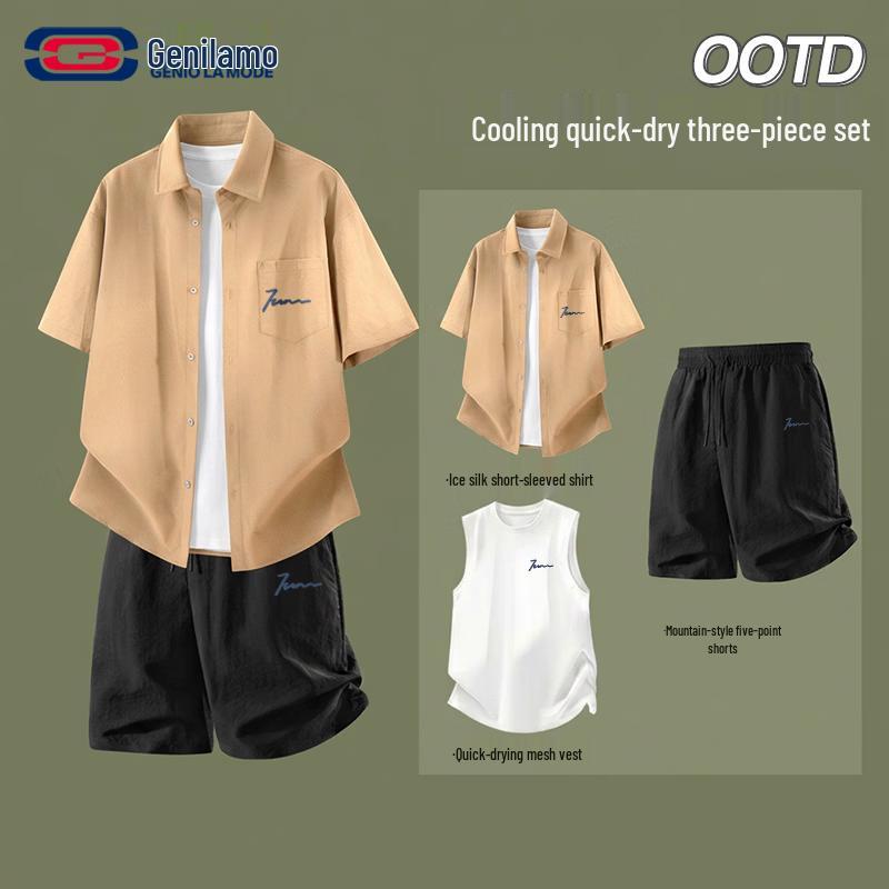 GENIOLAMODE Men s Ice Silk Summer 3-Piece Casual Set 2XL