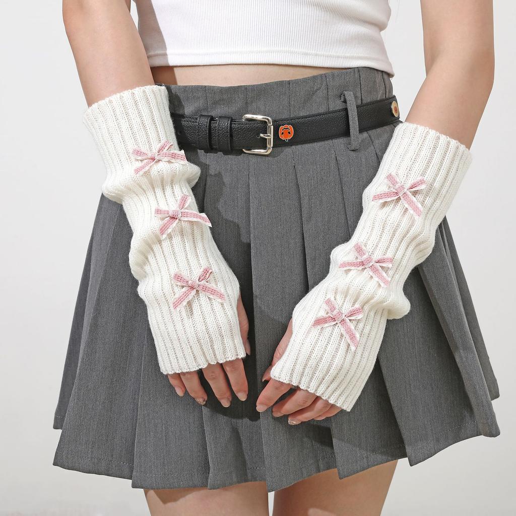Botvotee Y2K Bow Fingerless Gloves Women - Long Knit Arm Warmers Slouchy Sleeves Edgy Cute Winter Warm Hands Free Gloves