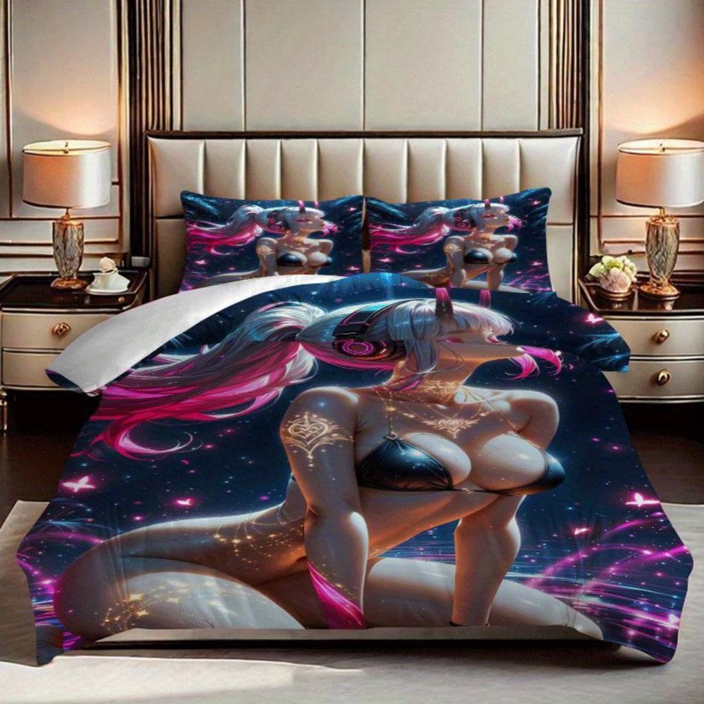 2/3pcs Quilt cover set with sexy anime print pattern quilt cover set includes quilt cover and pillowcase - perfect for bedroom