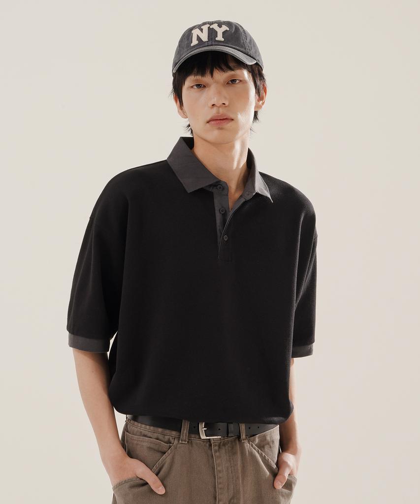 JEMUT Chess Ringer Collared Short Sleeve T-Shirt Black Kjst2616