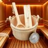 Sauna Accessories Set Includes Wood Bucket Long Handle Spoon Hourglasses Thermograph for Steam Room Bathroom Enduring
