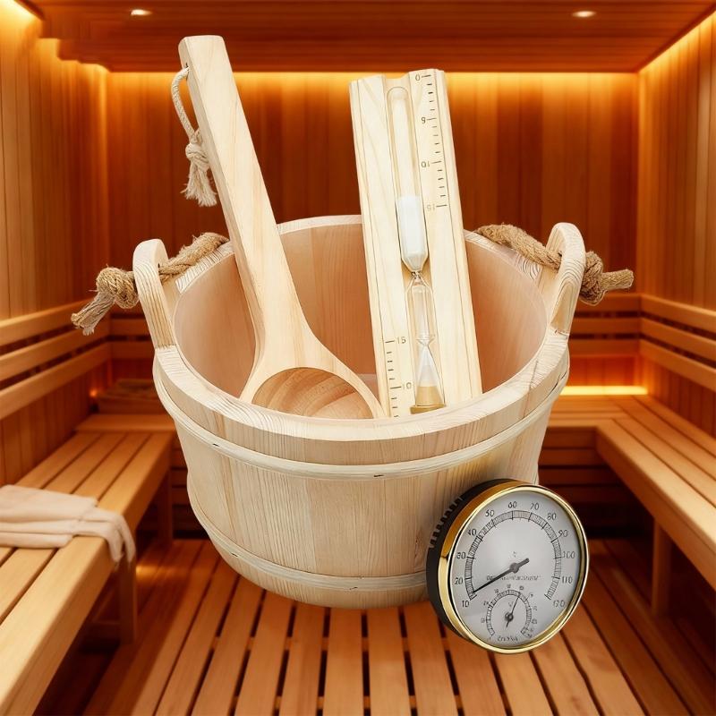 Sauna Accessories Set Includes Wood Bucket Long Handle Spoon Hourglasses Thermograph for Steam Room Bathroom Enduring