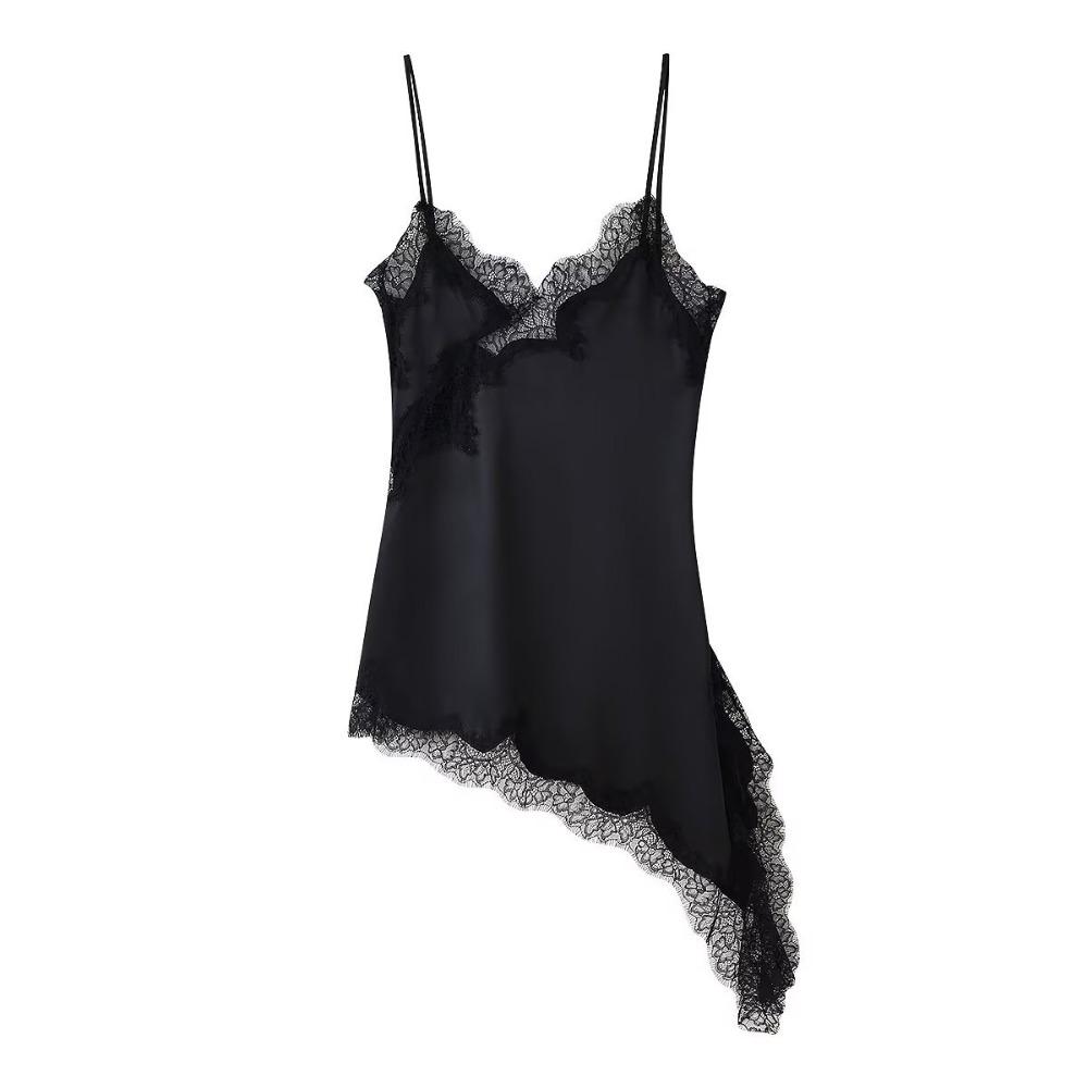 Women s V Neck Sleeveless Cami Mini Dress Loose Fit Lace Trim Asymmetrical Hem Satin Slip Short Summer Dress XS