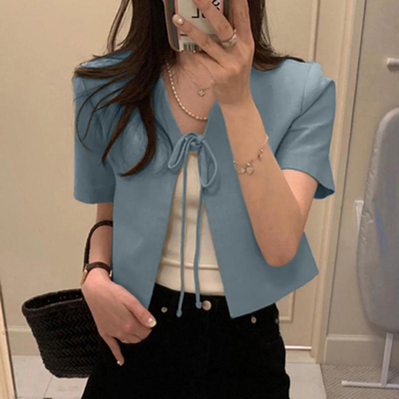 

ZANZEA Женская повседневная блузка-кардиган с V-образным вырезом и коротким рукавом на шнуровке 5XL синий