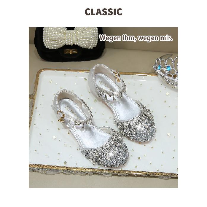 Girls' High Heels Princess Shoes Little Girl Dress Crystal Shoes Soft Sole Silver Children's Fashion Show Performance Leather Shoes