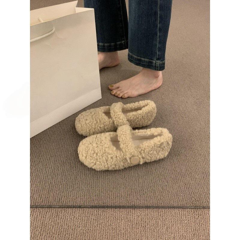 Gentle fairy wind round head with fluffy shoes, flat-bottomed pregnant women warm Doudou cotton shoes