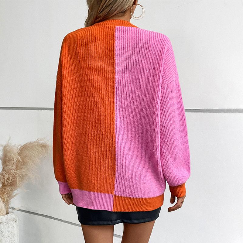 European and American Color Block Sweater Women's Autumn and Winter New Casual Loose Long-sleeved Knitted Cardigan Jacket for Women