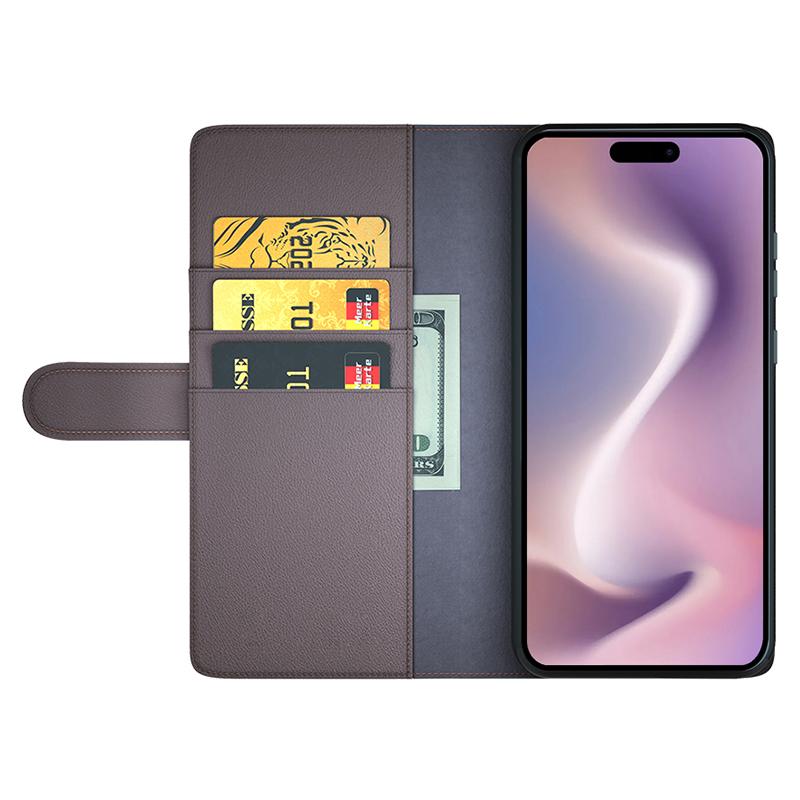 

For iPhone 16 Pro Case Genuine Split Leather Phone Cover with Wallet Stand Brown