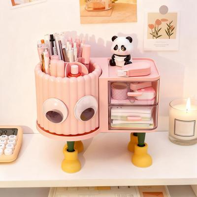 Pot à crayons rotatif mignon avec tiroir 2-en-1 Grande capacité Organisateur de bureau pour enfants Boîte de rangement et de tri multifonctionnelle