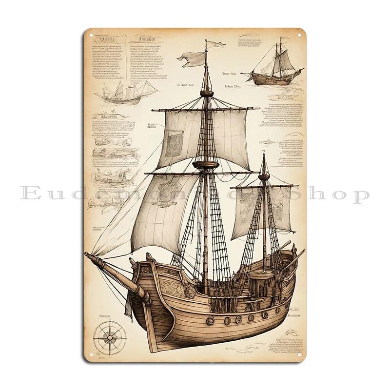 Age of sails french vintage sailing ships Boat project  Leonardo da Vinci drawing Metal Design Vintage Cinema Tin Sign Poster