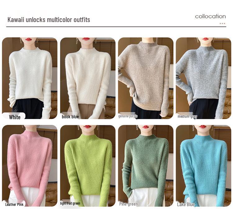 Women's 100% Pure Wool Half-High Collar Thick Knit Sweater - Warm Autumn/Winter Base Layer Pullover