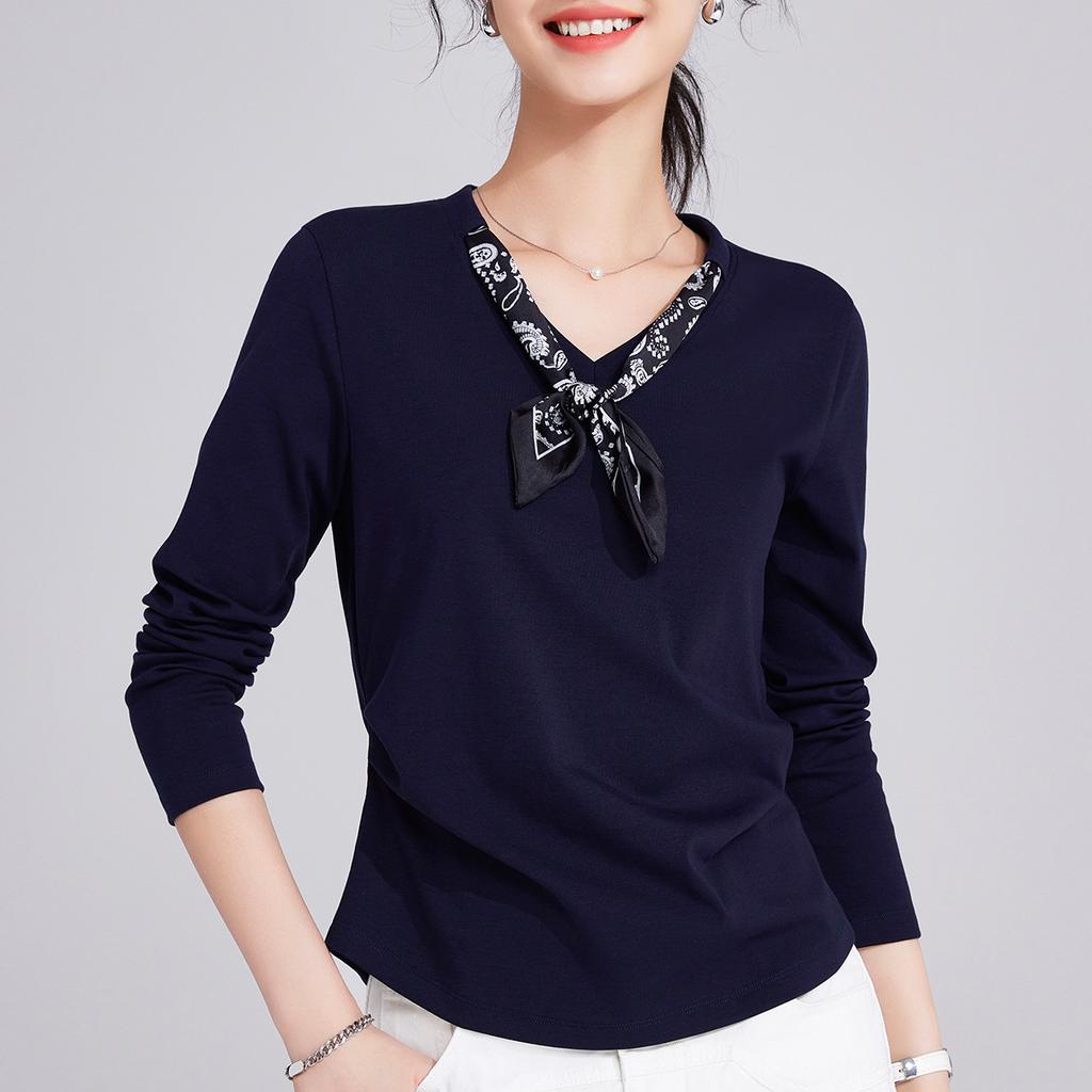 High-end Silk Scarf Long-sleeved Front Shoulder Women's New Temperament Light and Mature Wind Pleated Waist and Thin Top