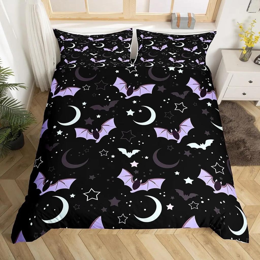 Spooky Dark Bats Duvet Cover Halloween Decoration Glitter Stars Moon Galaxy Bedding Set Cartoon Bat Gothic Comforter Cover Queen