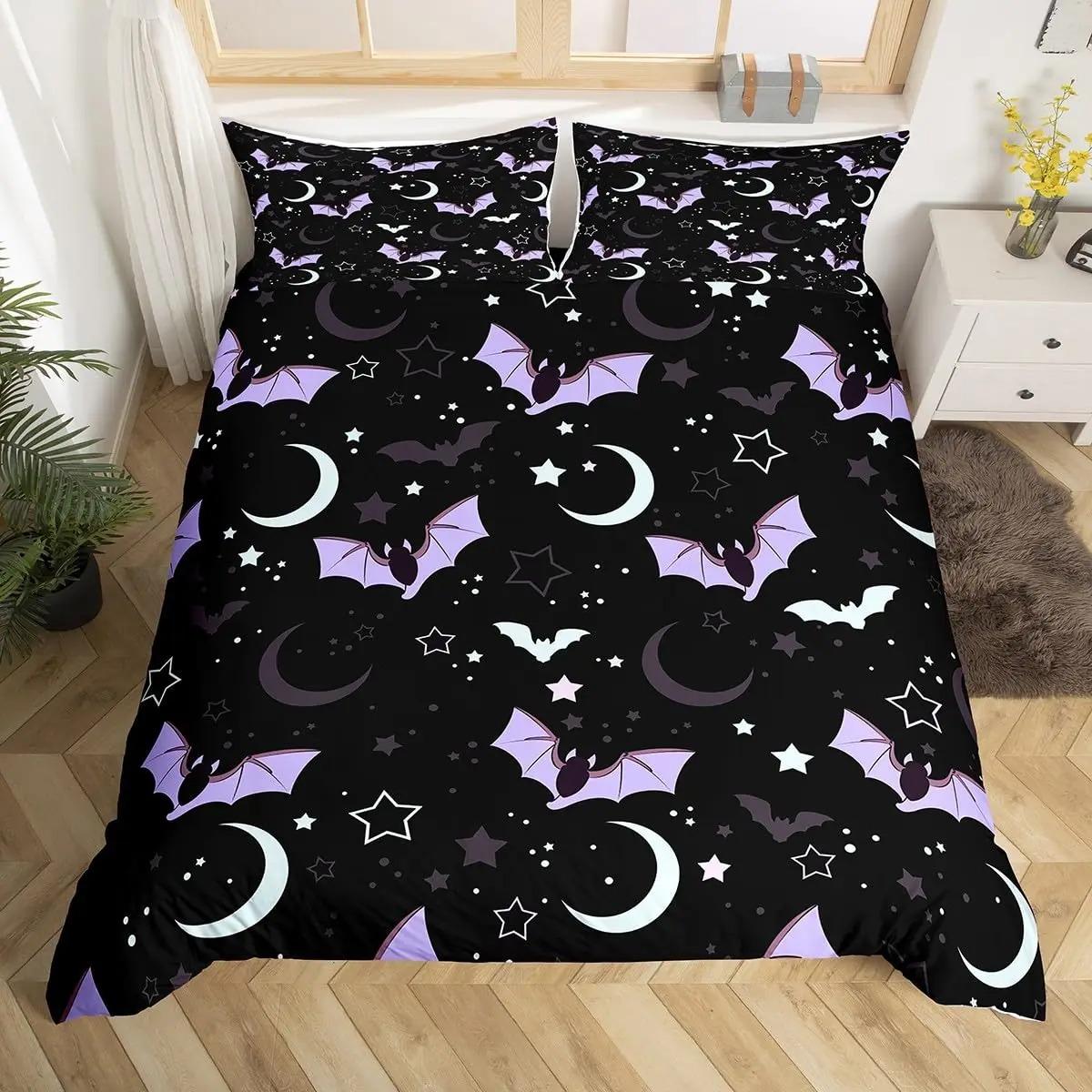 

Spooky Dark Bats Duvet Cover Halloween Decoration Glitter Stars Moon Galaxy Bedding Set Cartoon Bat Gothic Comforter Cover Queen EU Single(135x200cm)