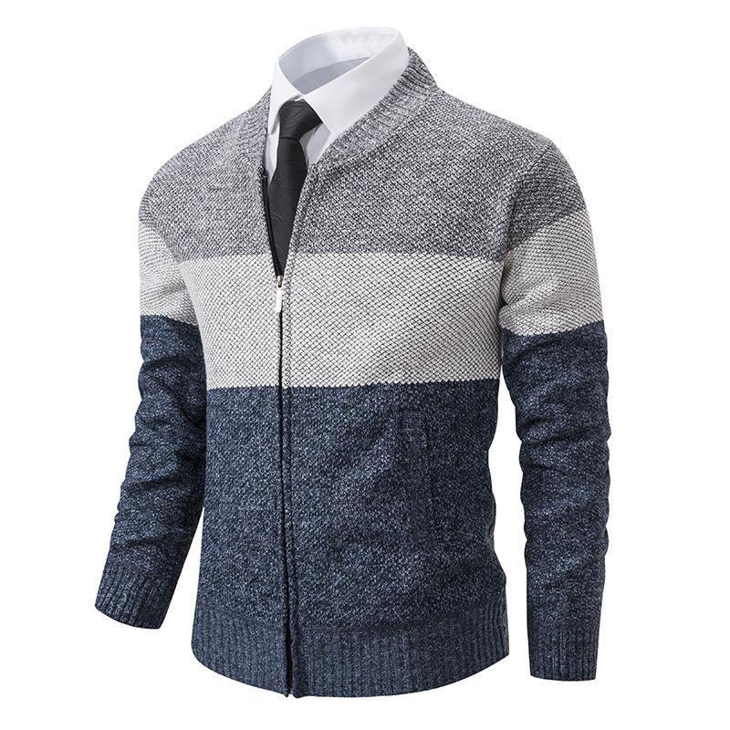 

Men s Color Block Stand Collar Knit Cardigan with Fleece, Zipper, and Thickening - Warm Autumn/Winter Outerwear 2XL синій