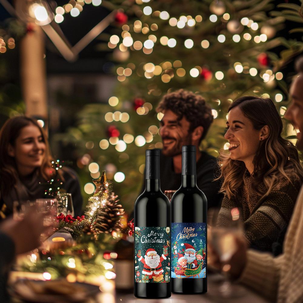 9pcs Christmas Decoration Wine Bottle Waterproof Stickers 5x3.93inch Christmas Wine Label, Christmas Party Decoration