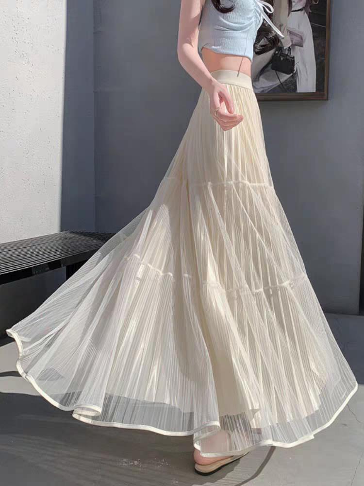 Elegant High-Waist Pleated Mesh Midi Skirt for Women - Summer Style
