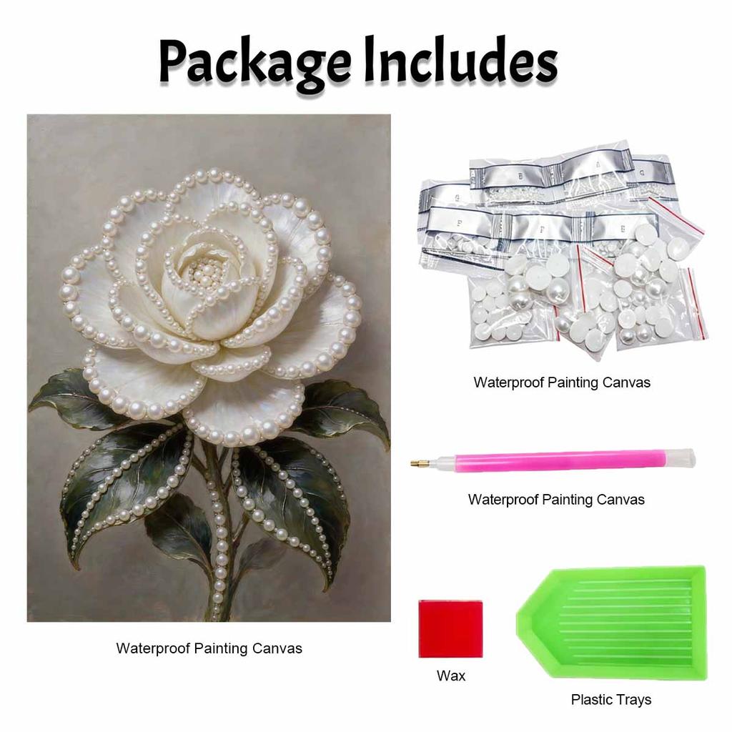 DIY Framed Pearl Painting Kit White Rose Flower Botanical Plant Sparkling Bead Canvas Creative Craft Gift for Women Adults