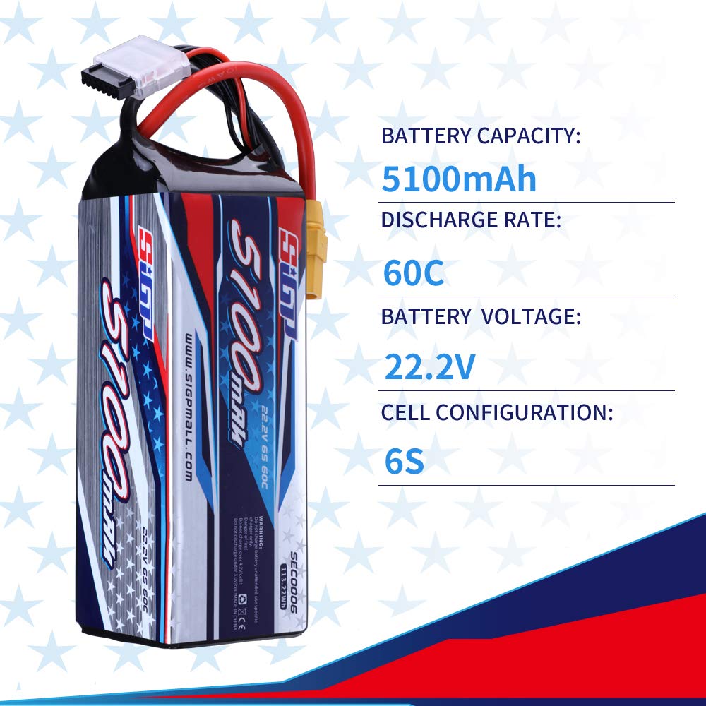 SIGP 6S 22.2V LiPo 5100mAh 60C with XT90 Plug for Remote Control Aircraft, Quadcopter, Drone, FPV, Helicopter Racing Hobbies