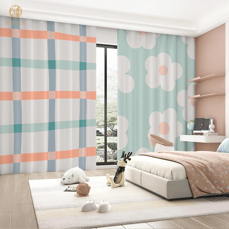 Bedroom Curtain Cartoon Green Simple Creative Flower Art Girl Children's Room Study Bay Window Curtain High Shading 2 Pcs New