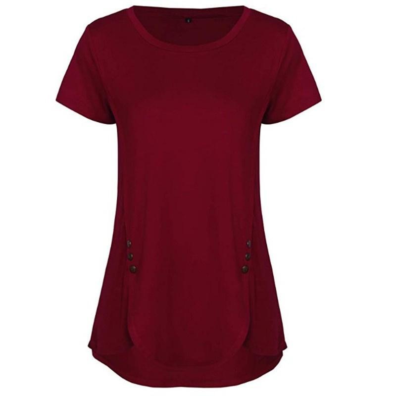 2026 Summer Women's Solid Color T-Shirt New Short Sleeve Button Round Neck Top