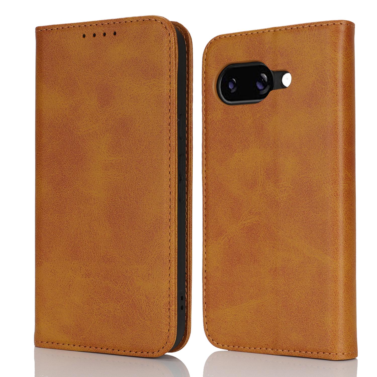 

Для чехла Google Pixel 9a Чехол из ПУ кожи с текстурой телячьей кожи Магнитная застежка Чехол для смартфона Light Brown