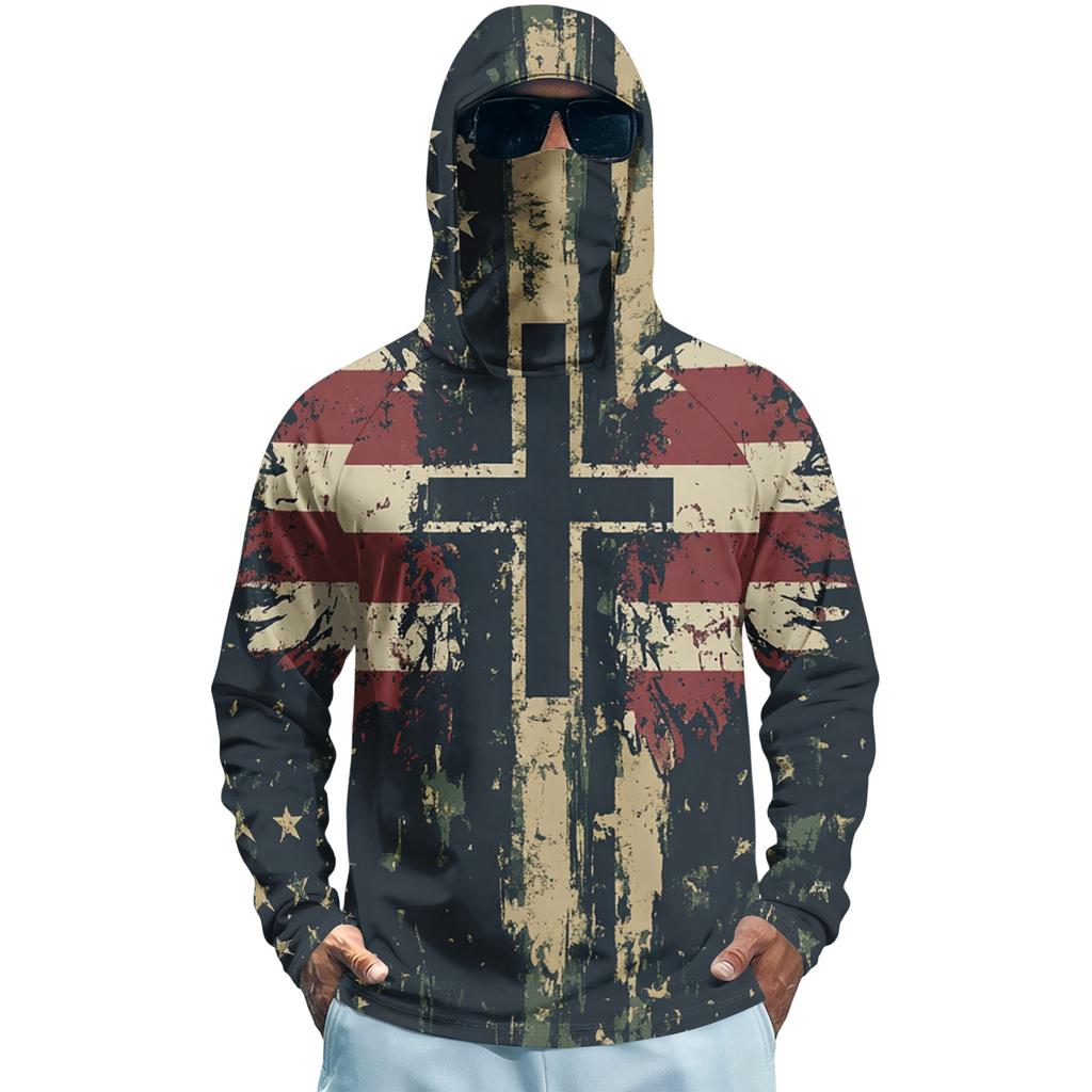 Men’s Long Sleeve Hooded Sun Protection Shirt with Flag and Cross Print Quick Dry Lightweight Athletic Top for Outdoor Sports Fishing Fitness