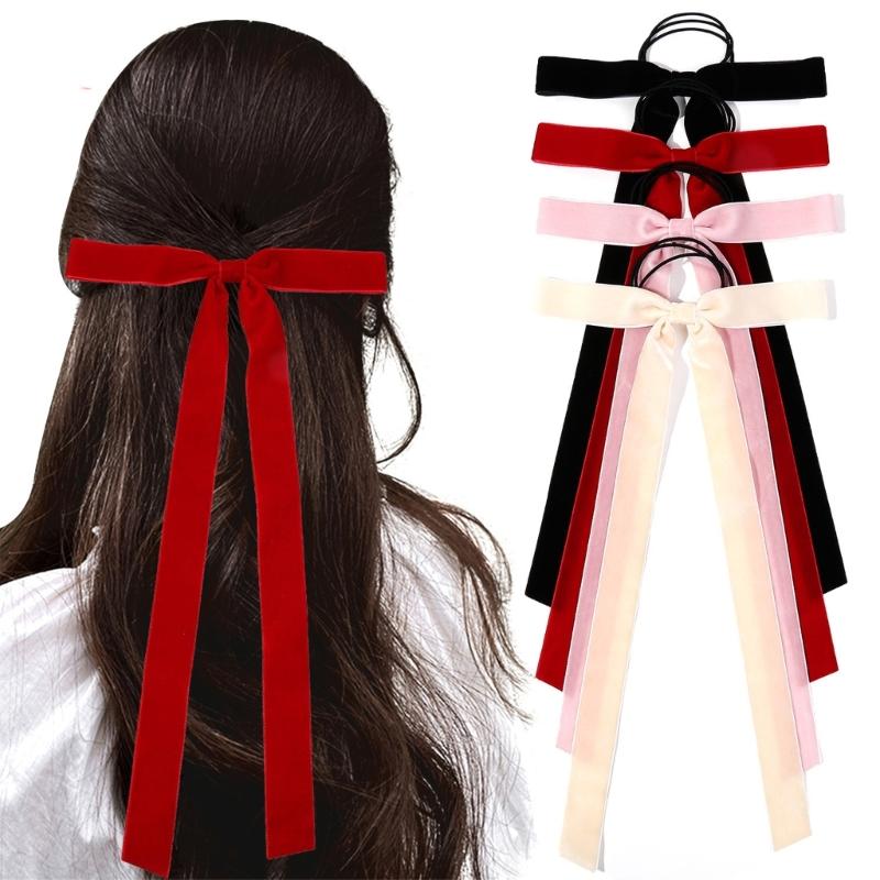 Elegant Skinny Hair Bows with Long Tassels Tails Ribbon Hair Scrunchie for Women and Girls for Fall Winter Outfits