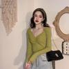 Otoño Invierno mujer cuello en V Color sólido manga larga plisado parte inferior de punto suéter elegante